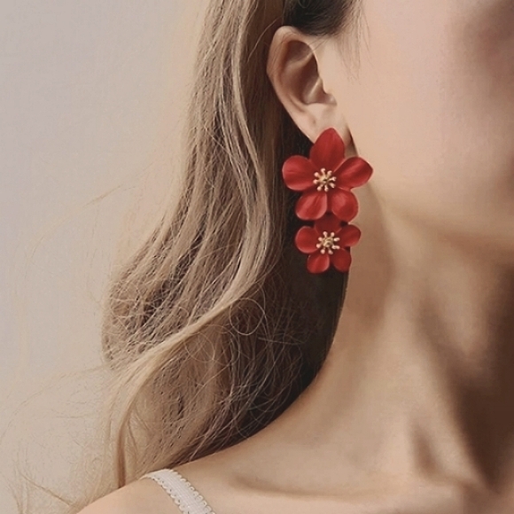 Big Red Double Flower Christmas Earrings 3D Hibiscus Statement Flowers Bohemian - Picture 2 of 3